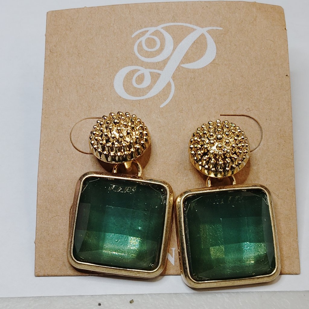 Plunder Design Emily Earrings Gold Tone Green Faceted Dangle Studs